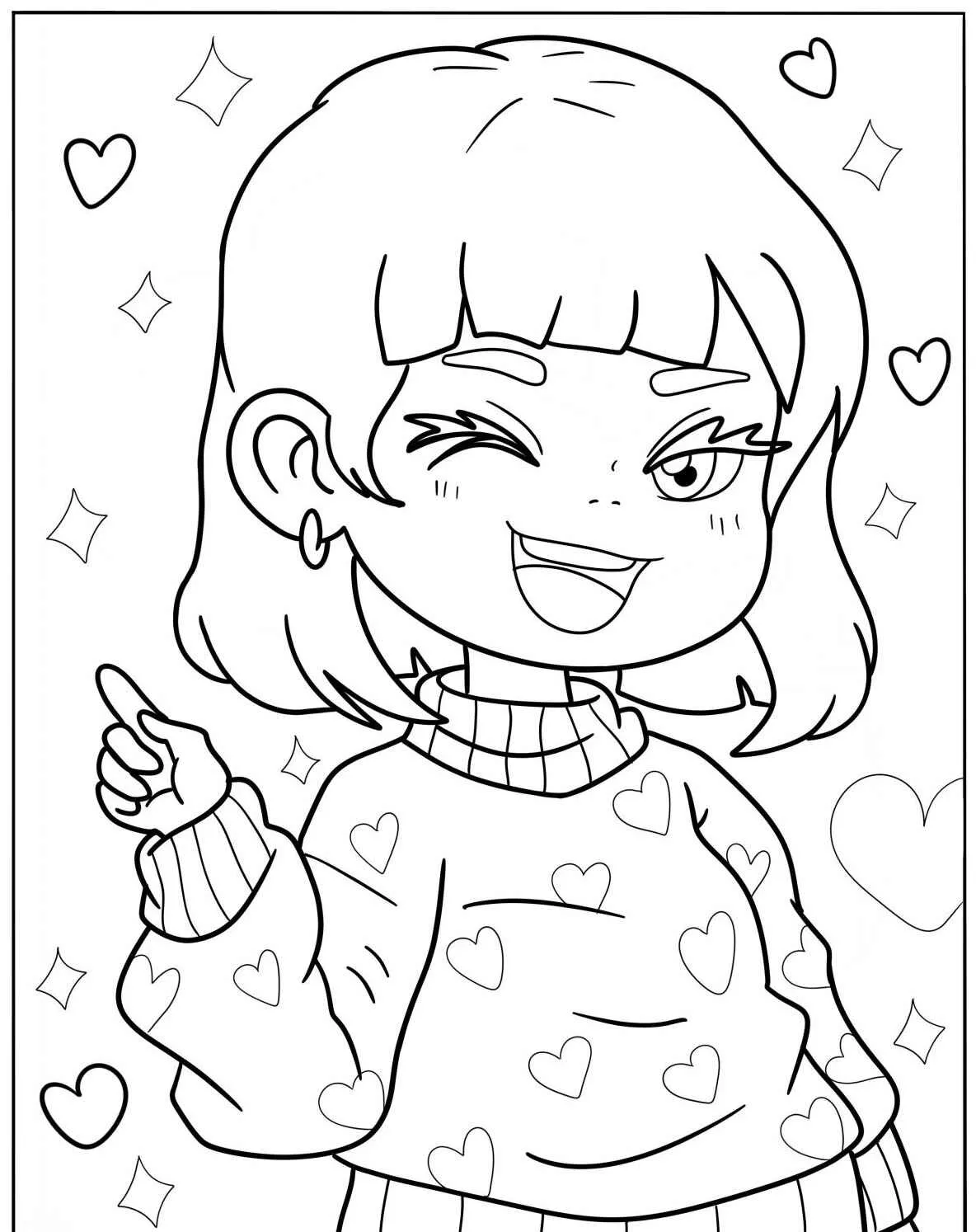 Desenho de uma menina piscando, vestindo um suéter com corações e cercada por estrelas e corações.