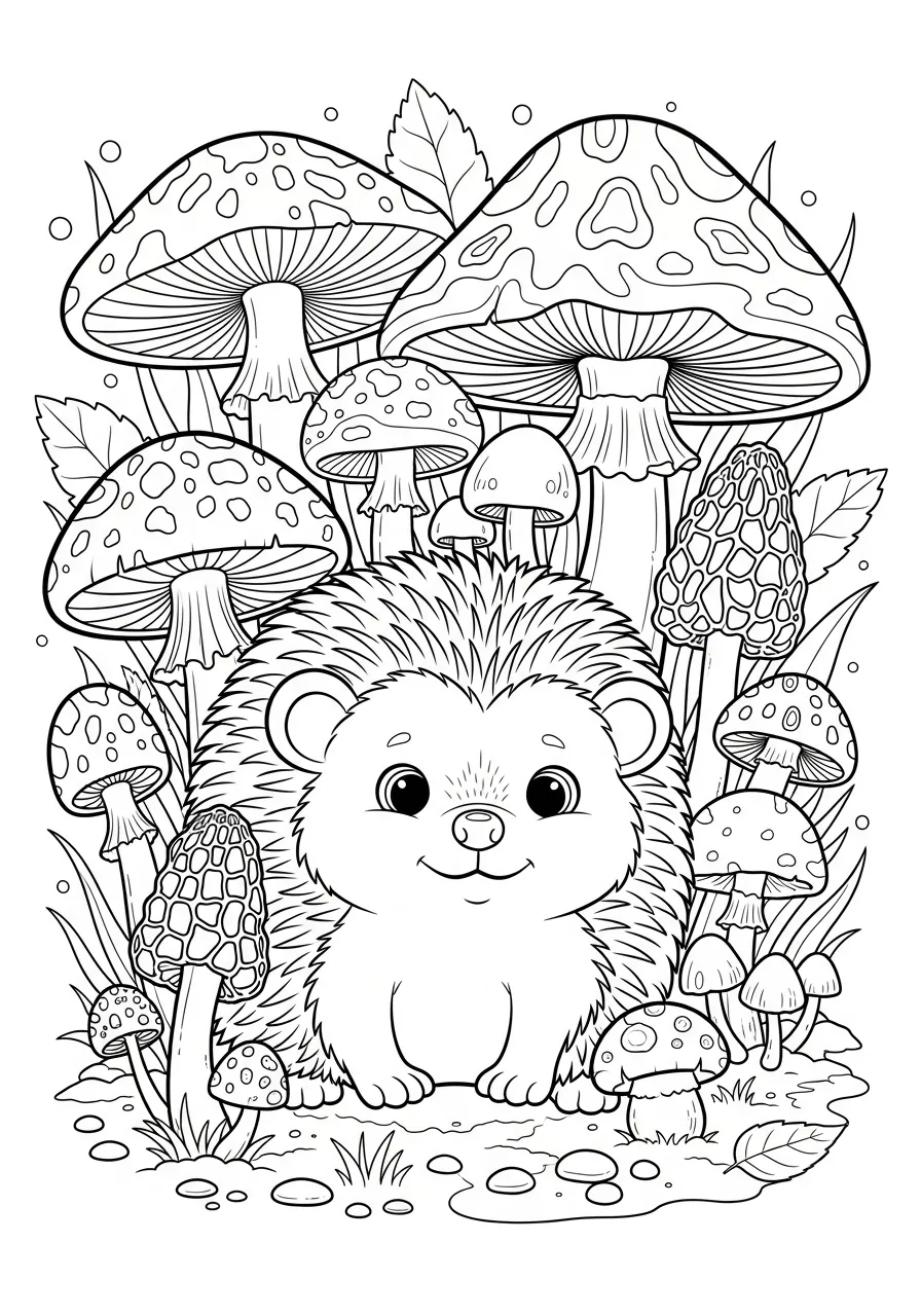 Desenho de um ouriço fofo cercado por cogumelos para colorir