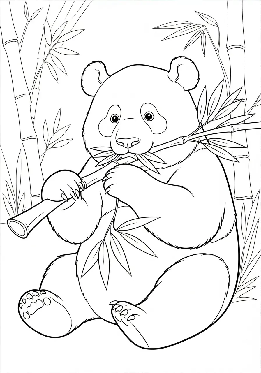 Desenho de um panda fofo segurando bambu para colorir