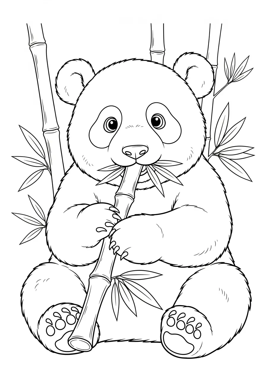 Desenho de um panda fofo segurando um bambu para colorir