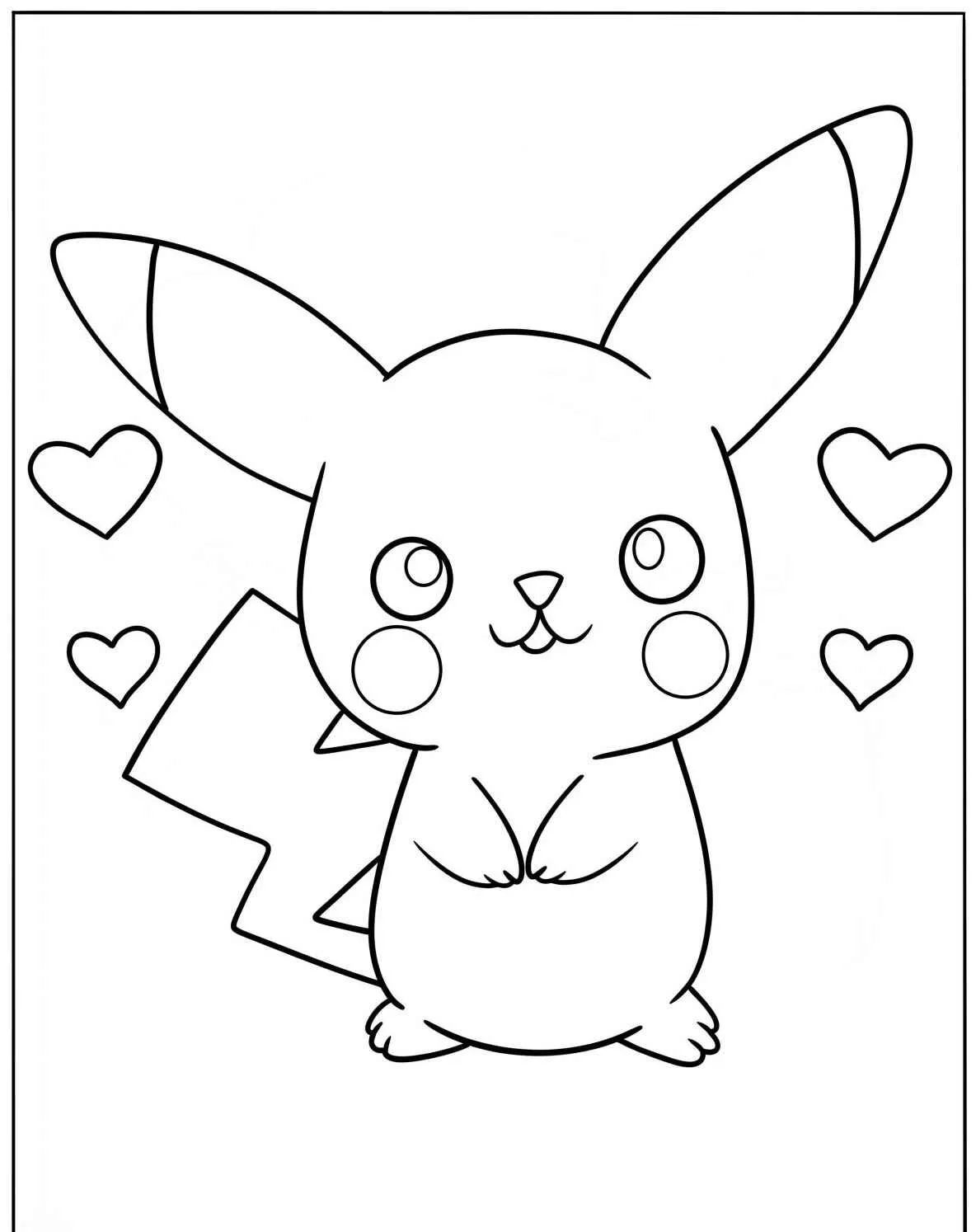 Desenho para colorir de Pikachu sorrindo com corações ao redor