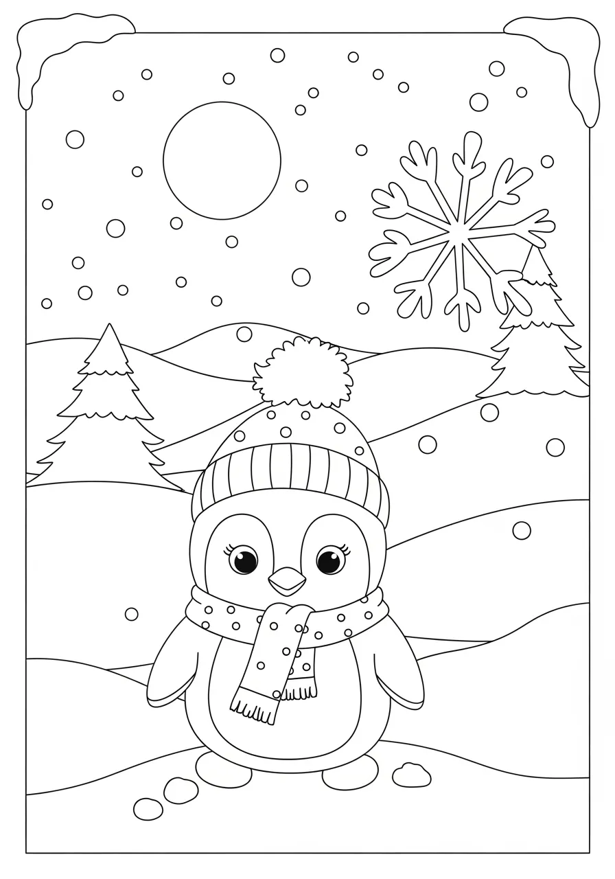 Desenho de pinguim fofo com cachecol em uma paisagem nevada para colorir