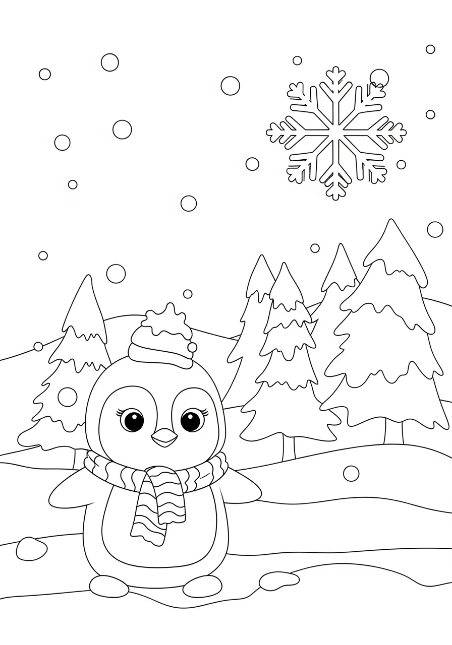 Desenho de um pinguim fofo com cachecol em um cenário de neve para colorir