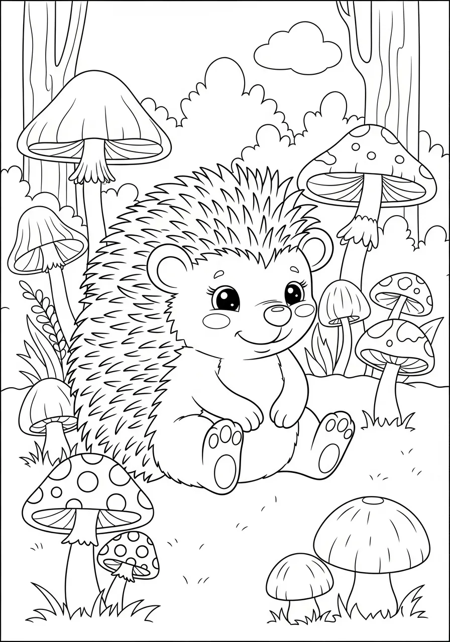 Desenho de um porco-espinho fofo cercado por cogumelos em um cenário de floresta para colorir