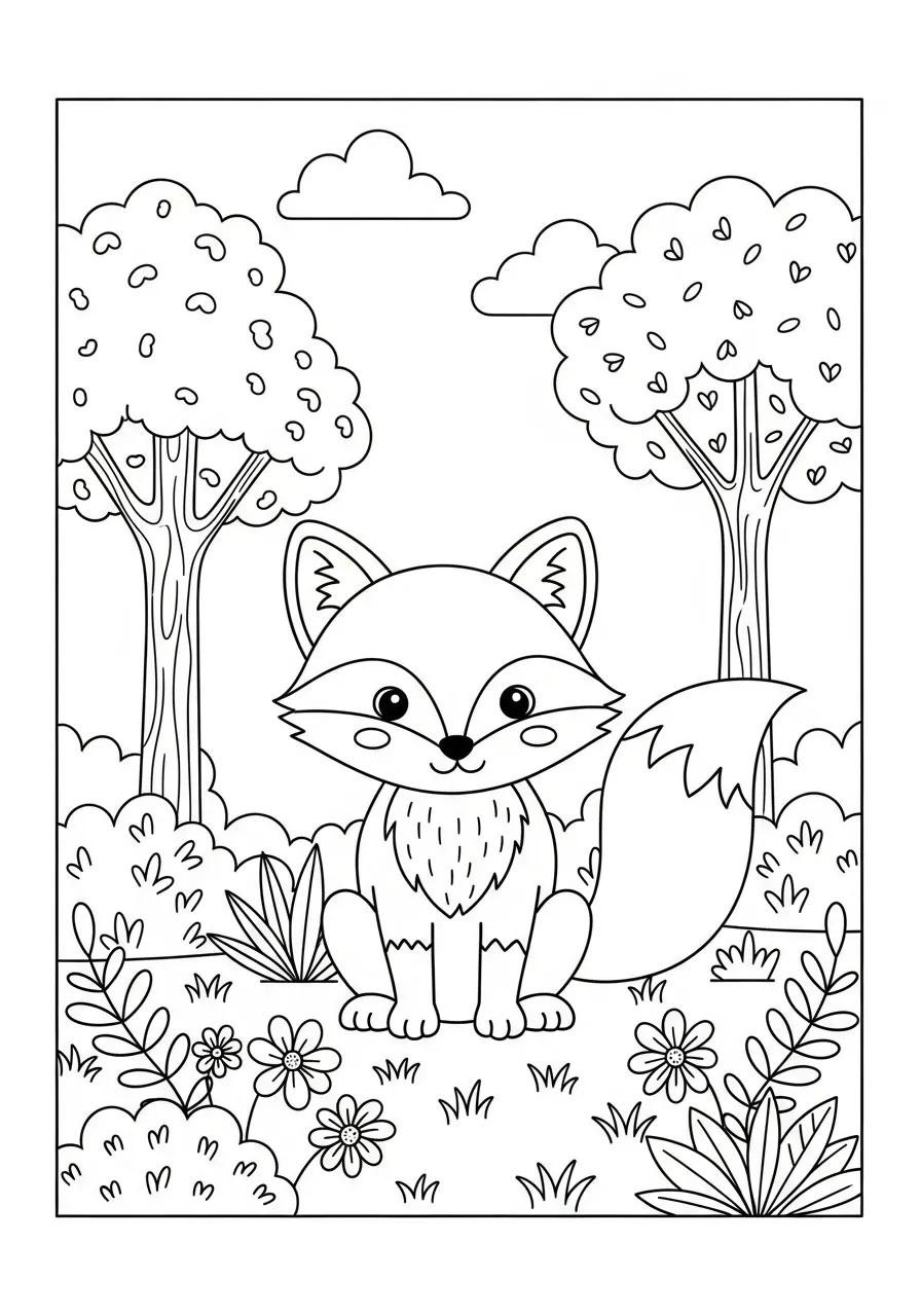Desenho de uma raposinha fofa sentada em uma floresta com árvores e flores ao redor.