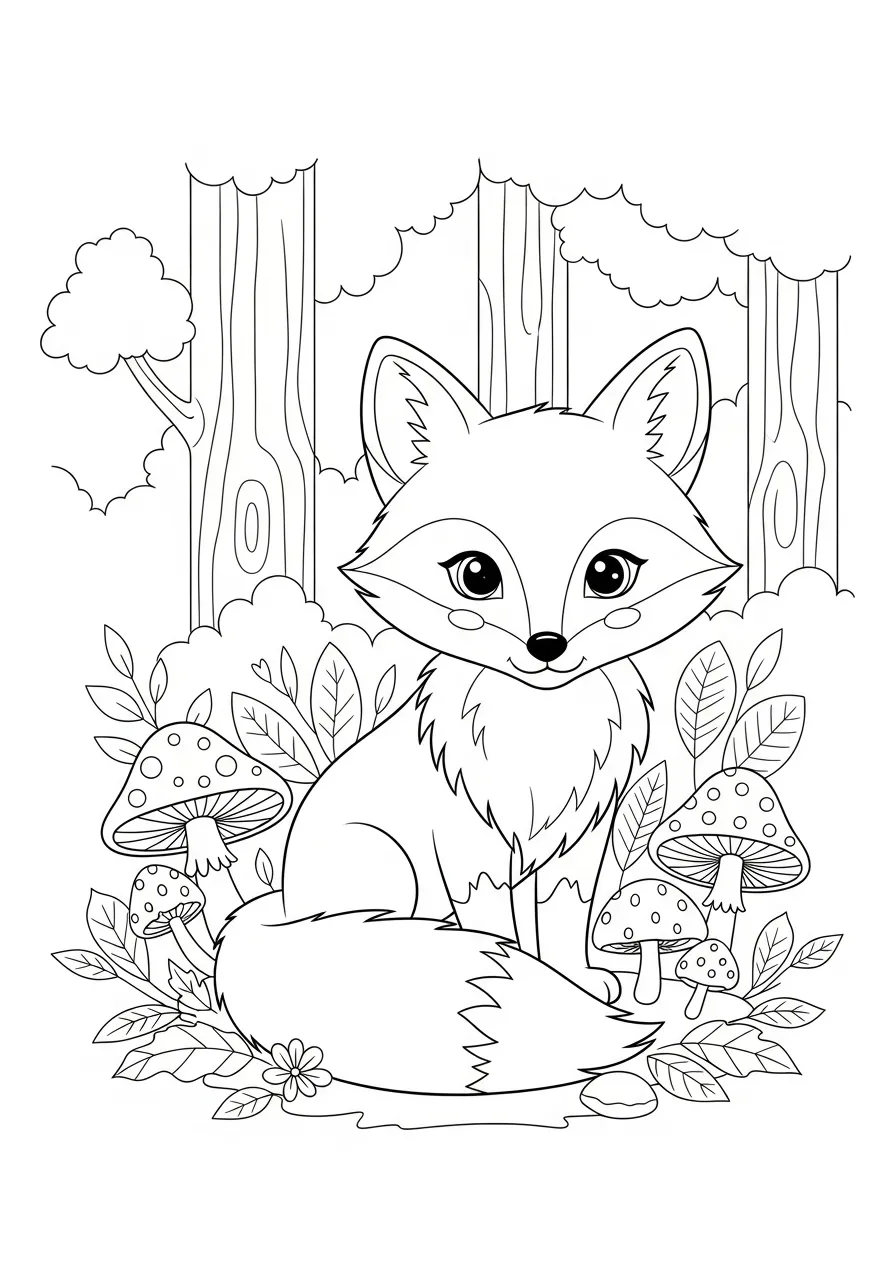 Desenho de uma raposinha fofa sentada na floresta com cogumelos ao redor