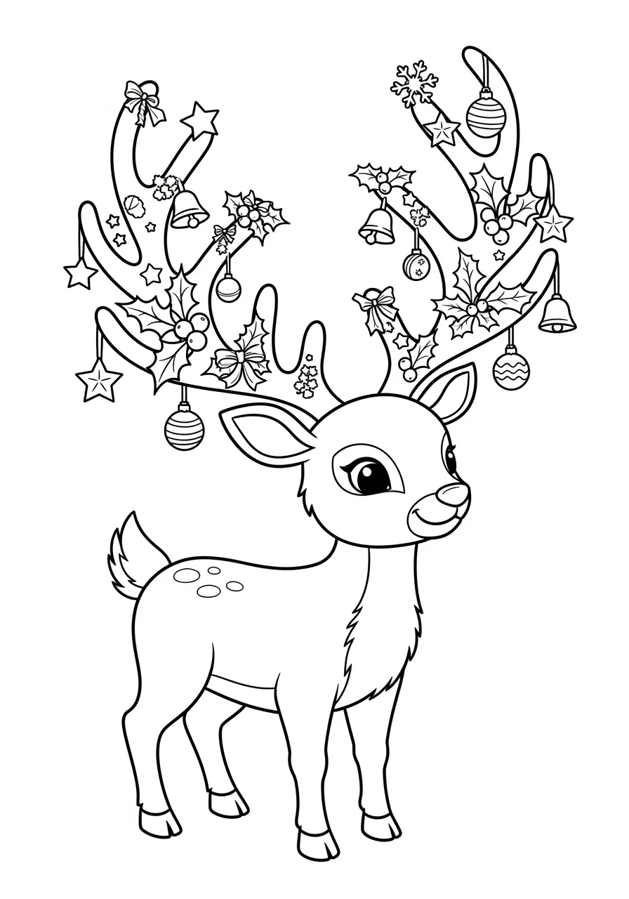 Desenho de uma rena fofa com galhos decorados para colorir