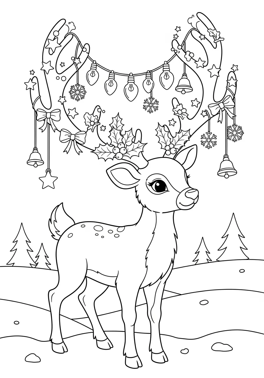 Desenho de rena fofa com guirlanda de Natal nos chifres para colorir