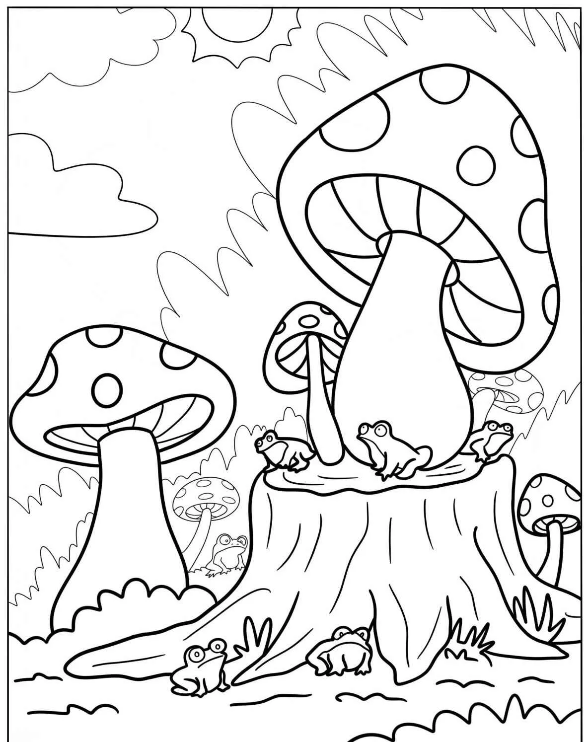 Desenho de sapos fofos em torno de cogumelos grandes para colorir