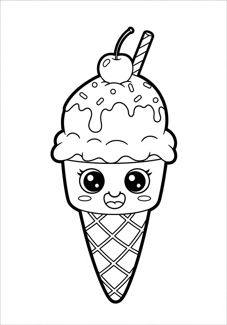 Imagem de um desenho fofo para colorir de sorvete com carinha feliz e cereja no topo