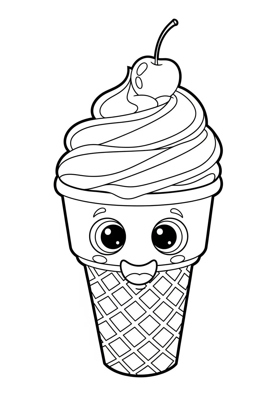 Desenho de sorvete fofo com carinha feliz para colorir