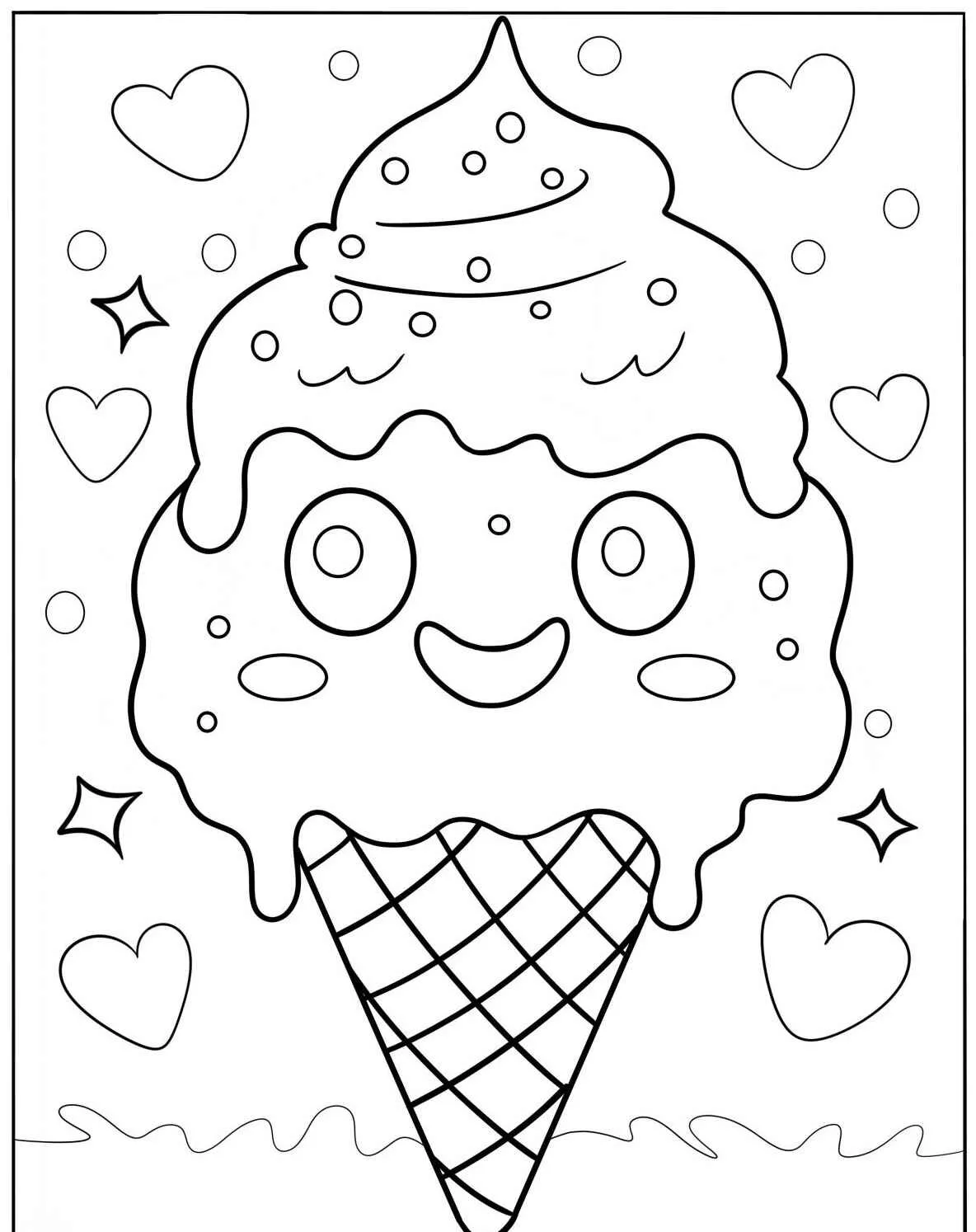 Desenho de sorvete kawaii com carinha feliz para colorir