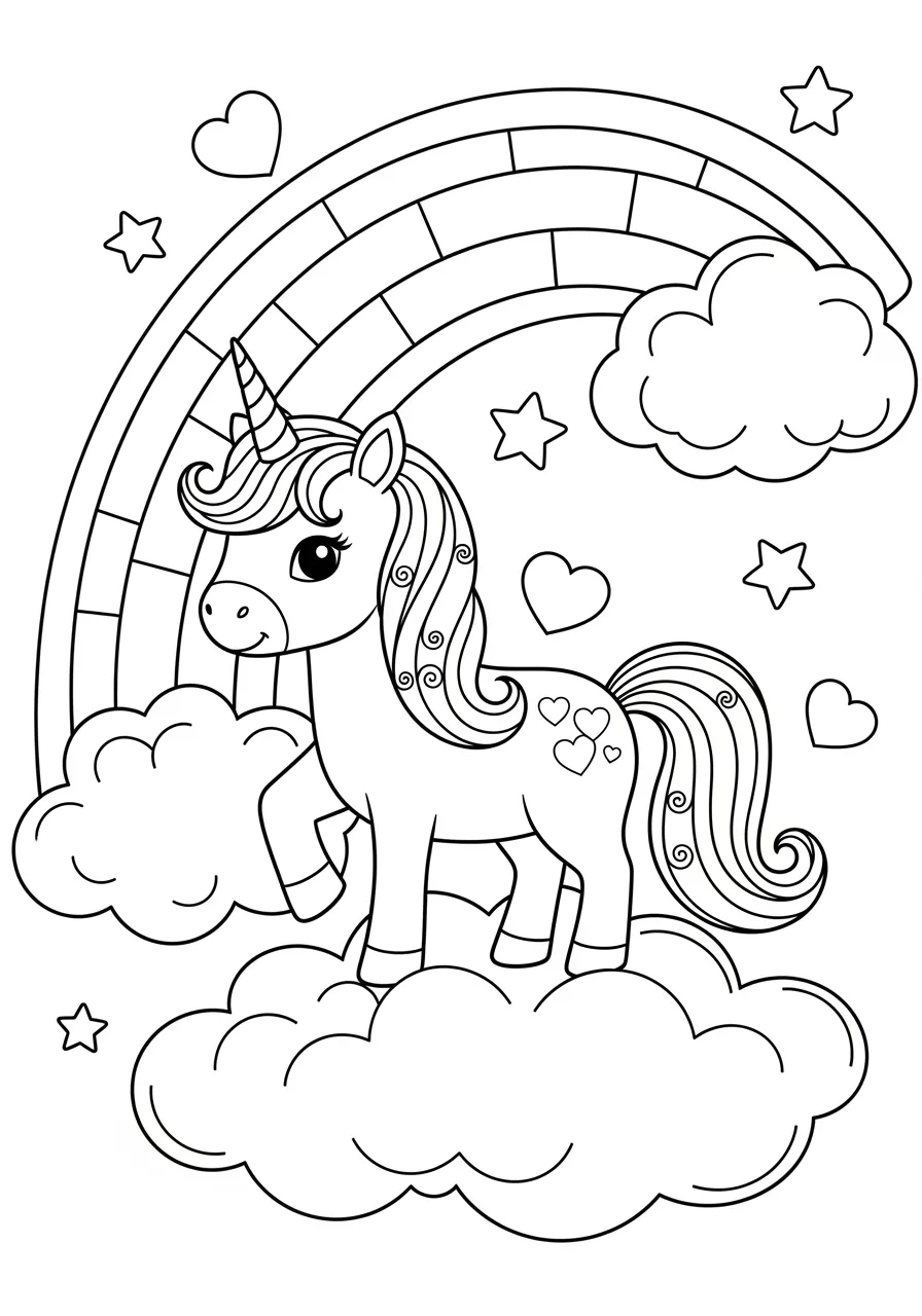 Desenho de unicórnio fofo em nuvens com arco-íris e estrelas para colorir