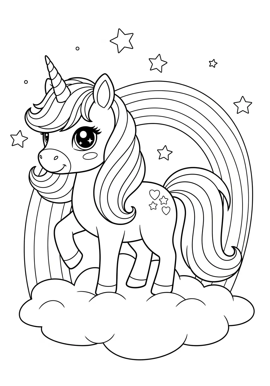 Desenho de um unicórnio fofo em pé sobre uma nuvem com um arco-íris e estrelas ao fundo
