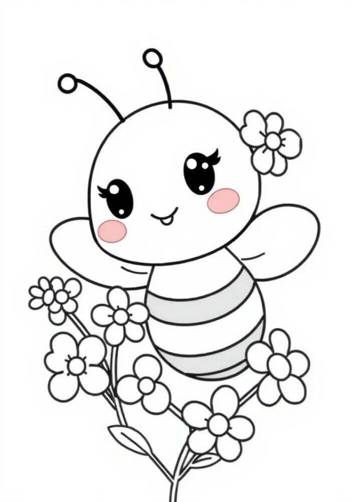 Desenho de uma abelha kawaii com flores, ideal para colorir.