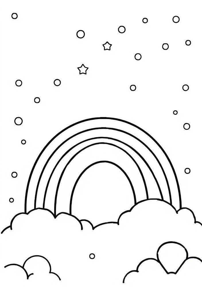 Desenho de um arco-íris kawaii com nuvens e estrelas para colorir