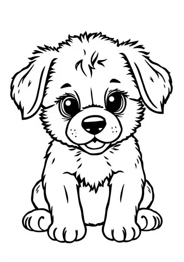 Desenho de um cachorrinho kawaii sentado, pronto para ser colorido.