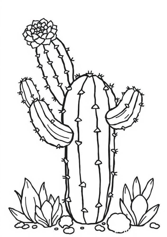 Desenho de um cacto kawaii com flor para colorir