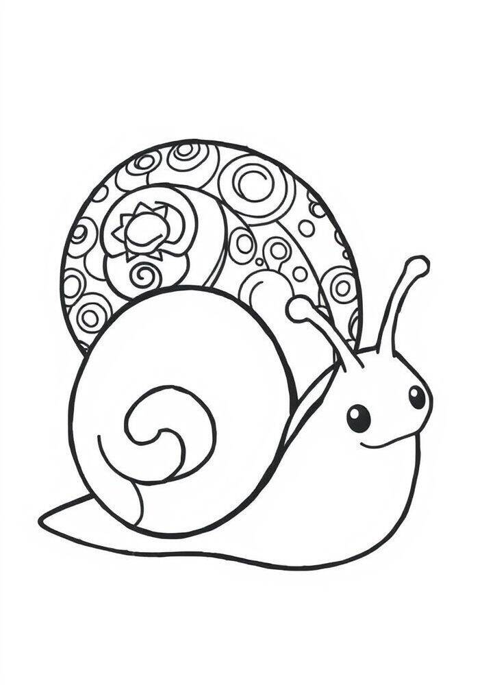 Desenho de um caracol kawaii com uma concha decorada, ideal para colorir.