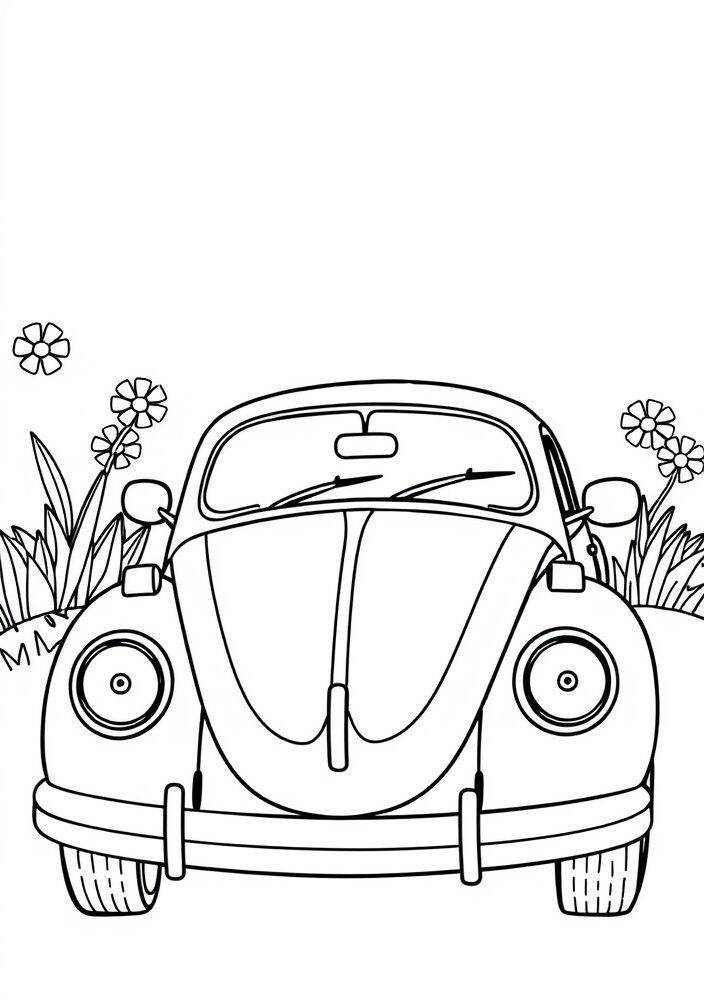 Desenho de um carro kawaii rodeado por flores para colorir