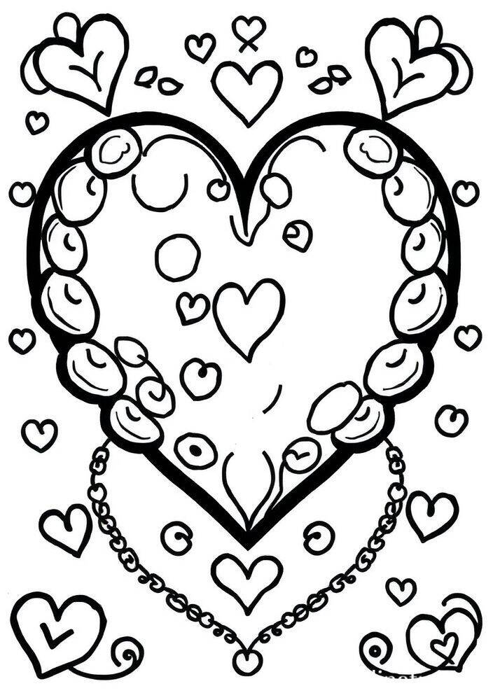 Desenho kawaii de um coração decorado com bolinhas e pequenos corações ao redor, ideal para colorir.