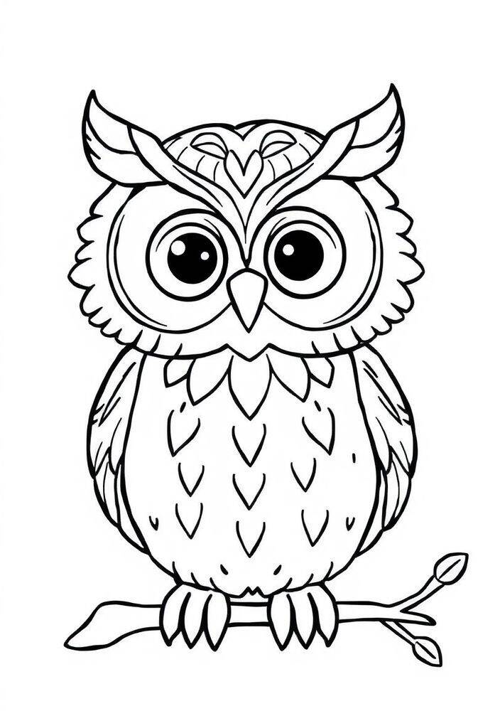 Desenho de uma coruja kawaii com olhos grandes e detalhes para colorir.