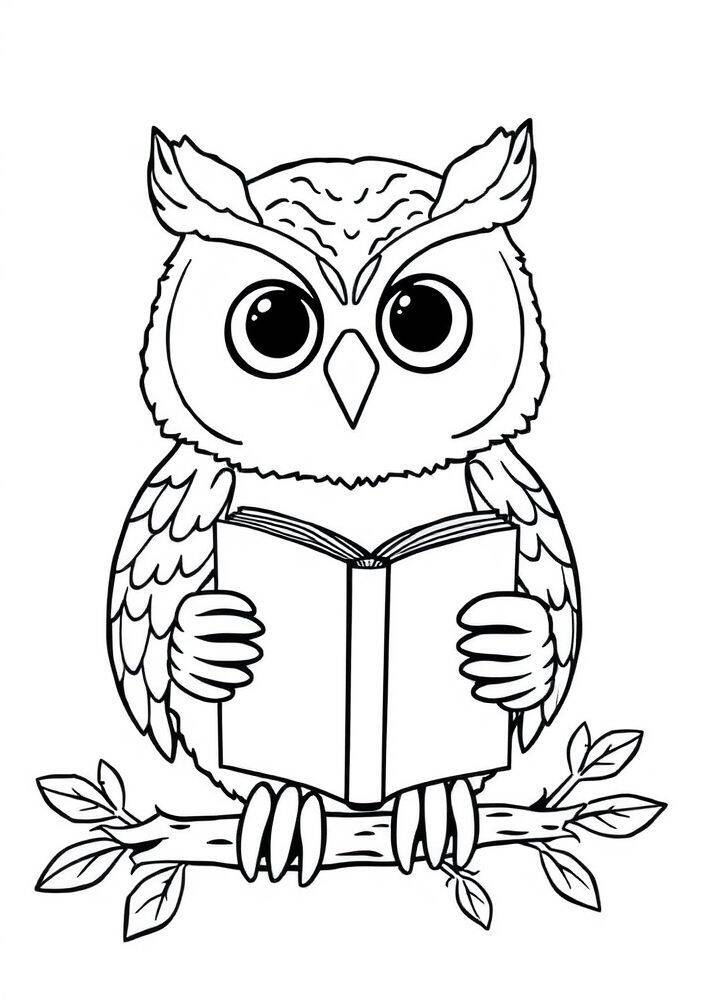 Coruja kawaii segurando um livro em uma árvore para colorir