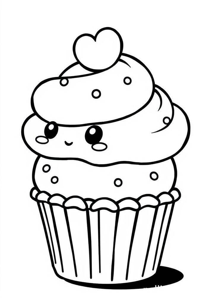 Desenho de cupcake kawaii com coração para colorir