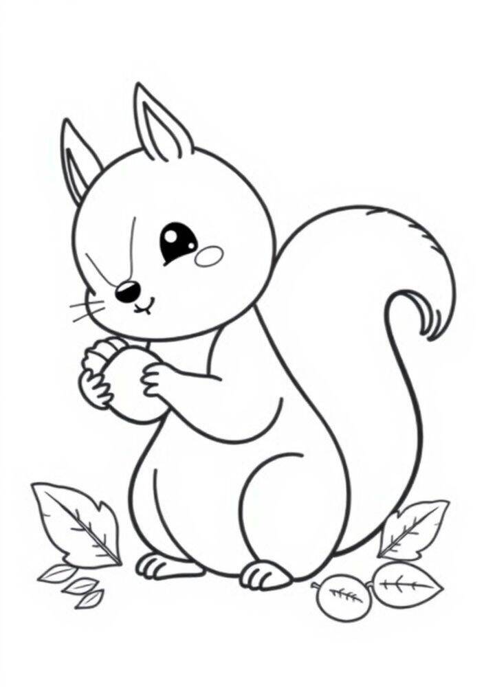 Desenho de um esquilo fofo segurando uma bolota, ideal para colorir.