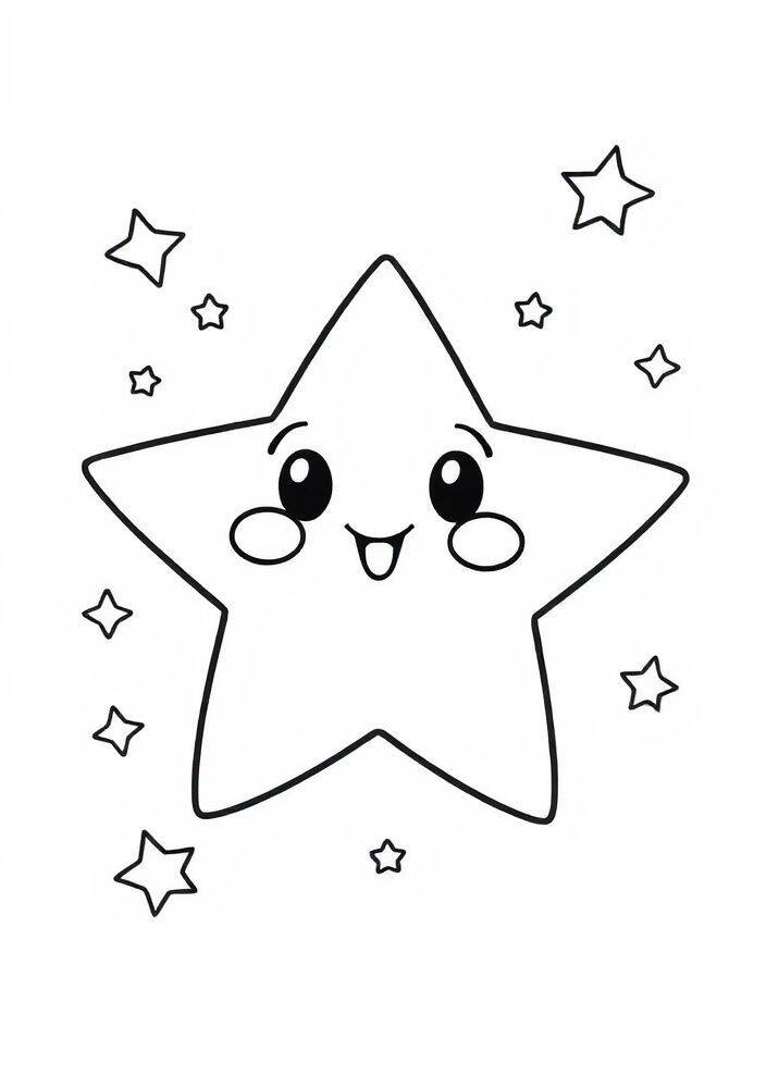 Desenho de uma estrela kawaii com rosto sorridente e estrelas ao redor para colorir.