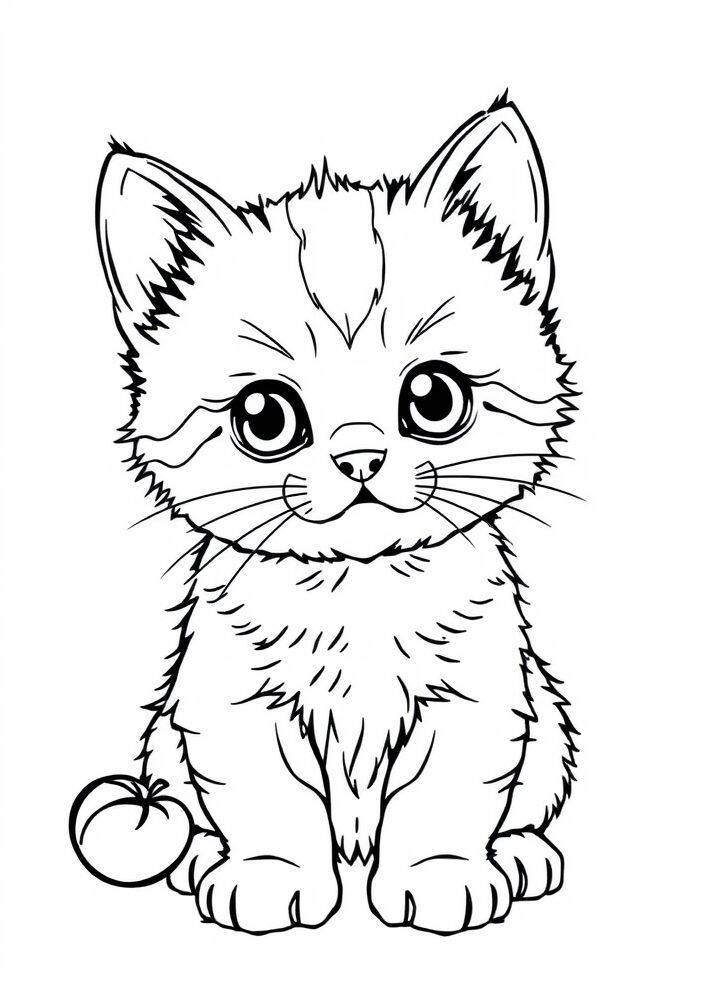 Desenho de um gatinho kawaii sentado com uma maçã ao lado para colorir.