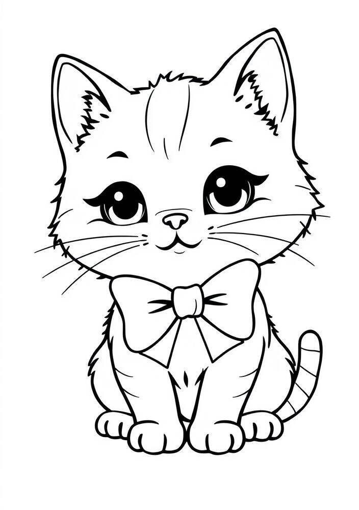 Desenho de um gato kawaii com laço para colorir