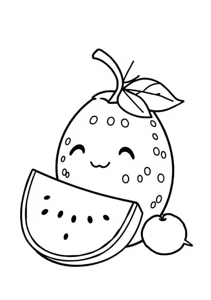 Desenho de uma melancia kawaii com uma carinha feliz e uma fatia ao lado.