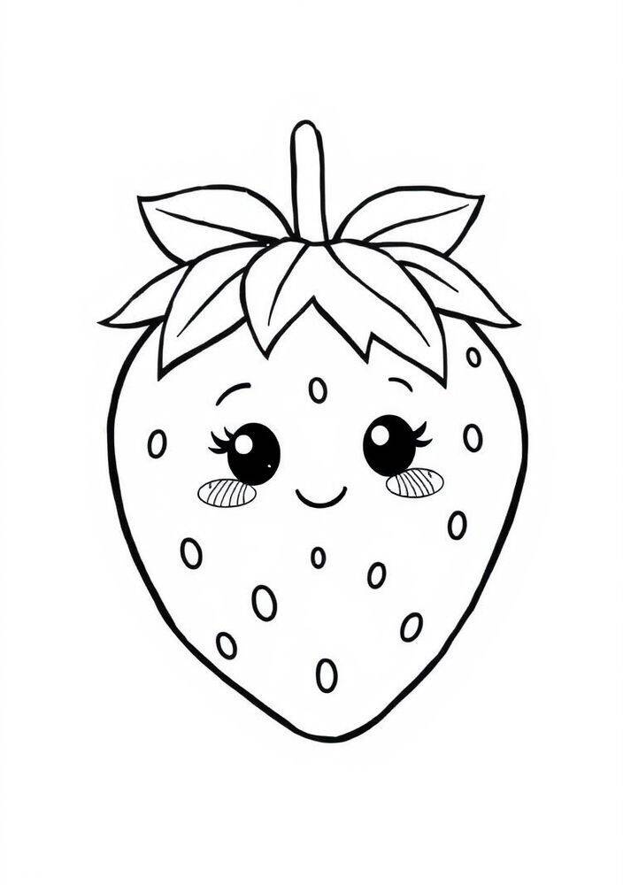 Desenho de um morango kawaii com rosto sorridente para colorir