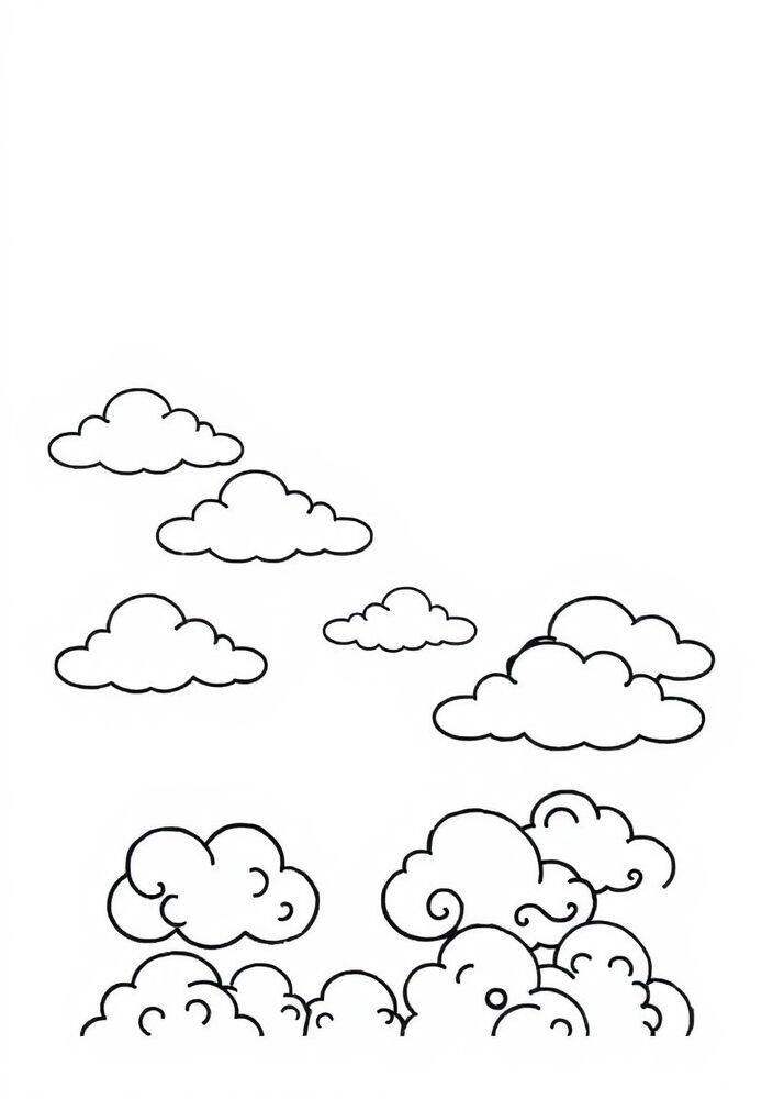 Desenho de nuvens kawaii para colorir, com formas fofas e divertidas.