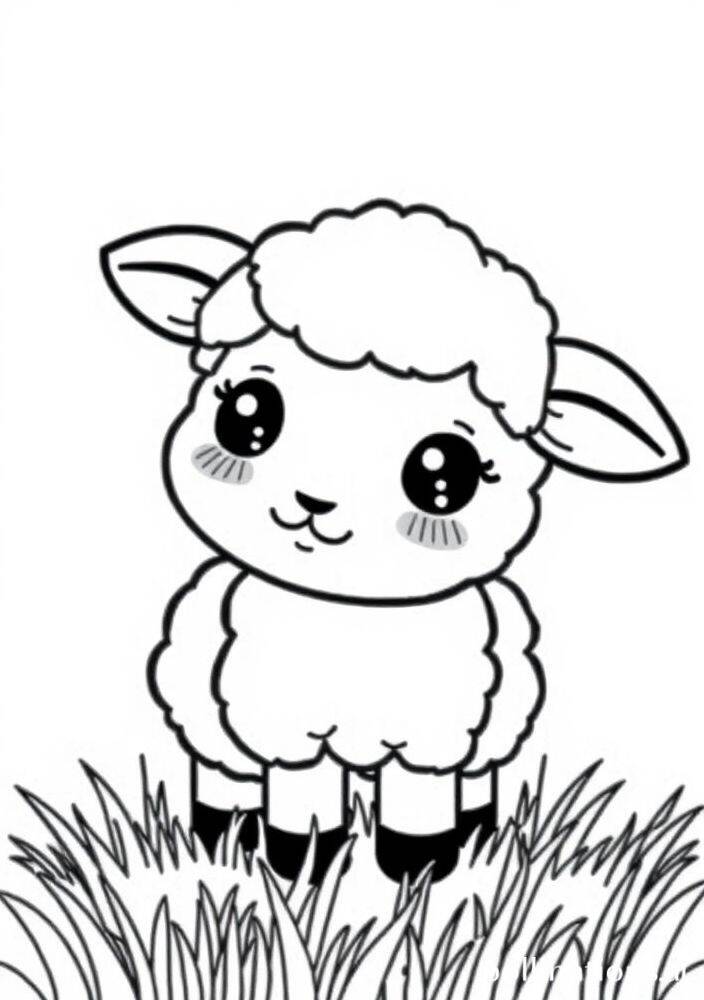 Desenho de uma ovelhinha kawaii em um campo
