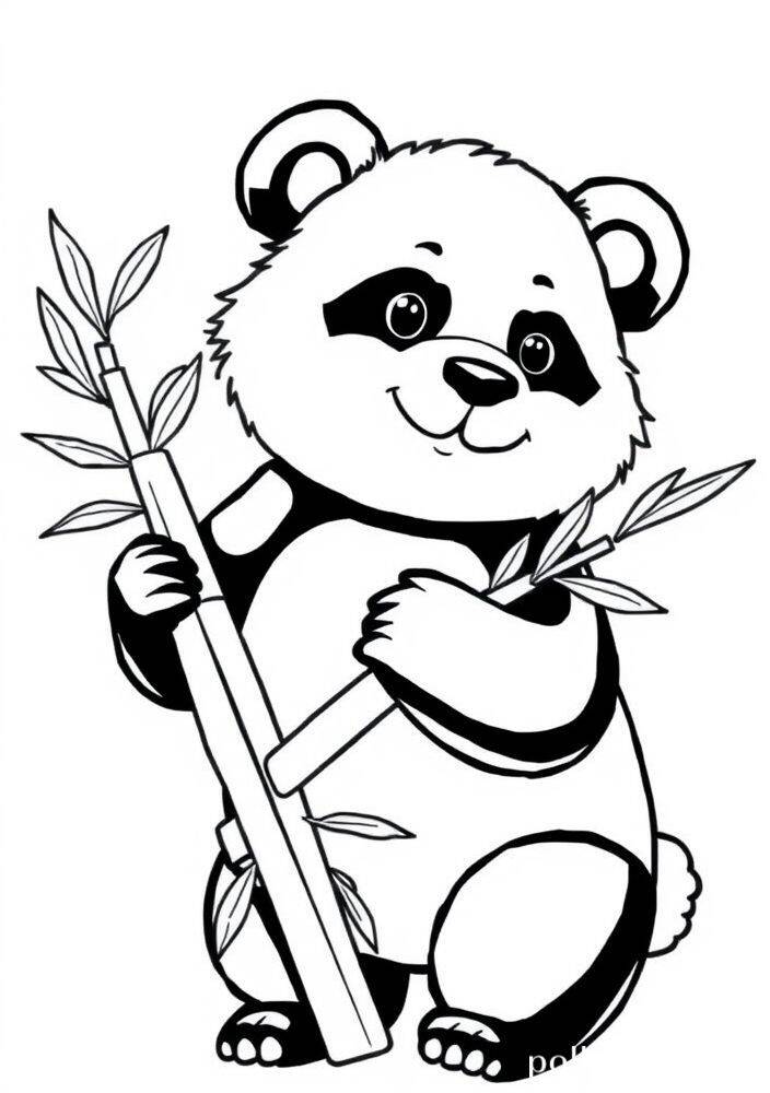 Desenho de um panda fofo segurando bambu para colorir