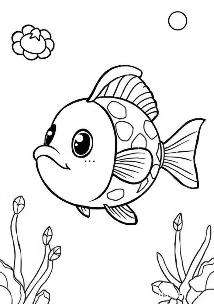 Desenho de um peixinho kawaii com bolhas e plantas aquáticas para colorir.