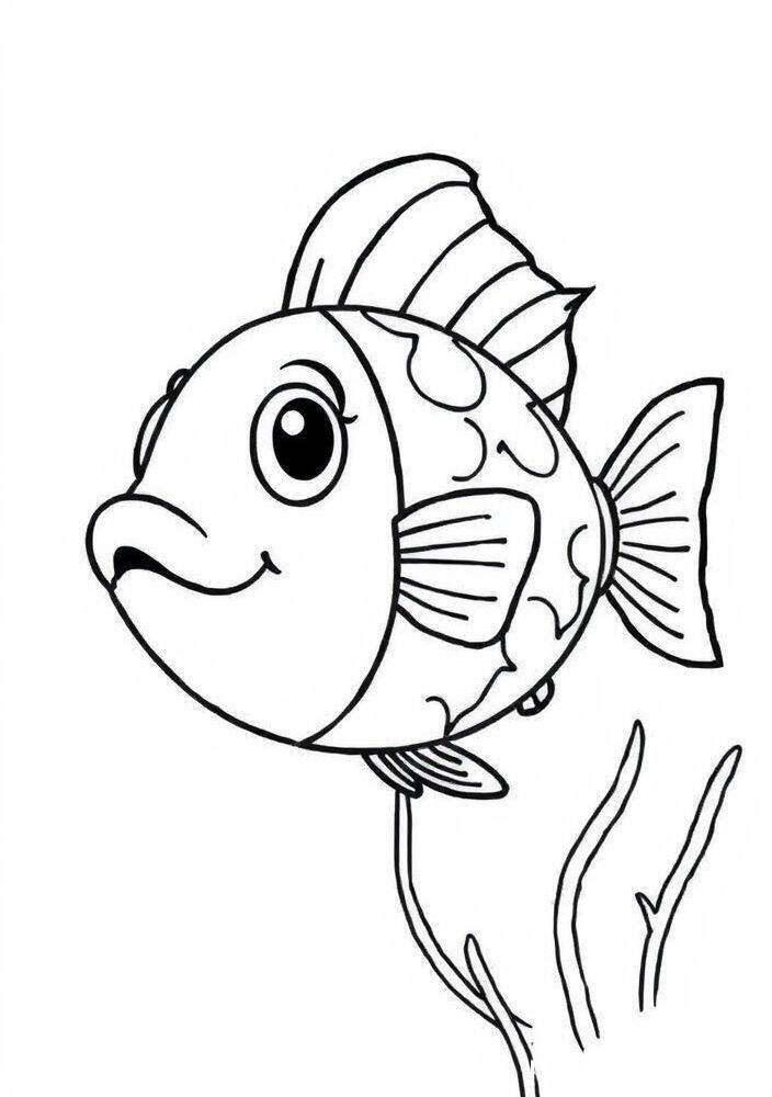 Desenho de um peixinho kawaii sorridente com detalhes para colorir.