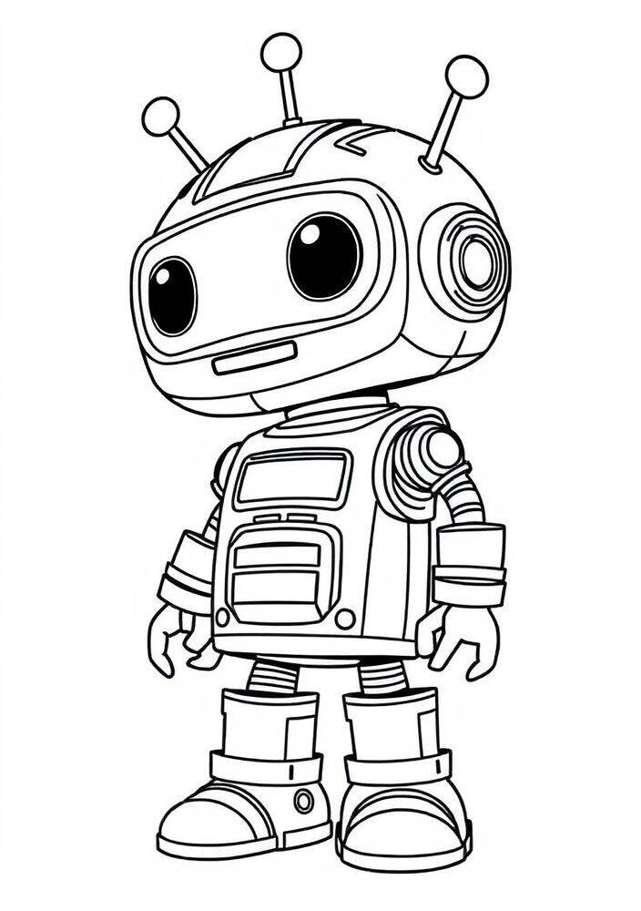 Desenho de um robô kawaii com antenas, pronto para ser colorido.