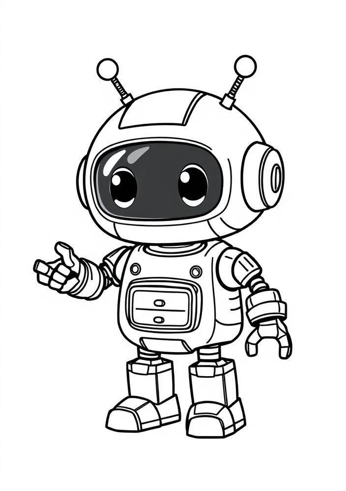 Desenho de um robô kawaii com olhos grandes e sorriso, ideal para colorir.