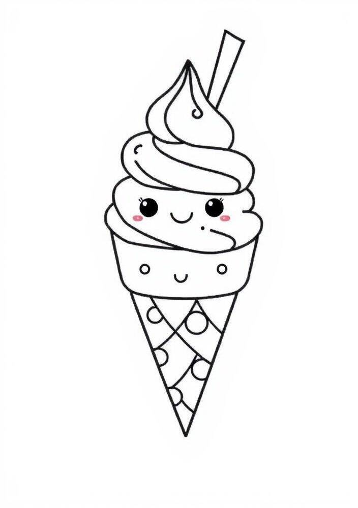 Desenho de um sorvete kawaii com expressão feliz em um cone.