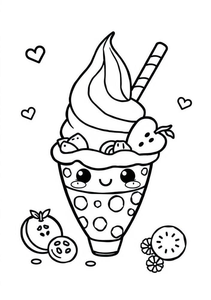 Desenho de um sundae kawaii com frutas para colorir