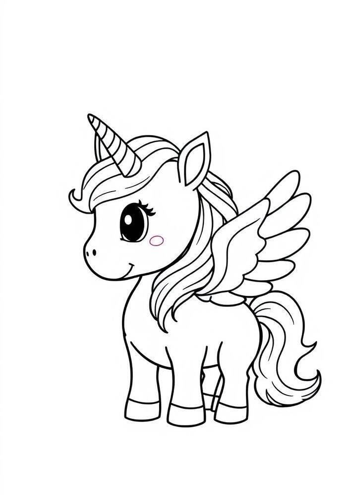 Desenho de um unicórnio kawaii com asas para colorir