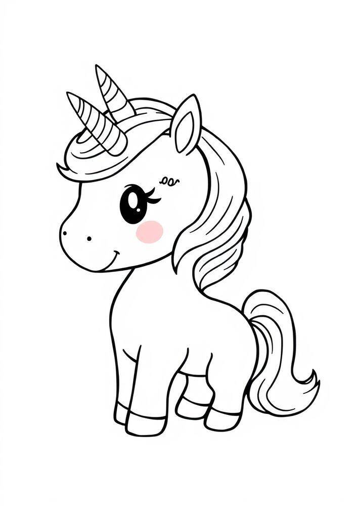 Desenho de um unicórnio kawaii com cabelo ondulado e chifres