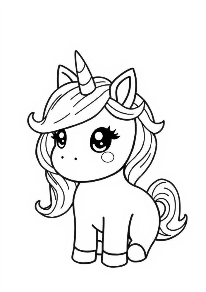 Desenho de um unicórnio kawaii para colorir, ideal para crianças.