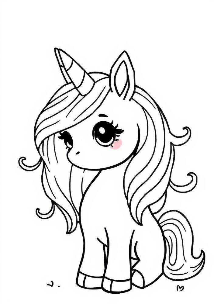 Desenho de um unicórnio kawaii com cabelo longo e bonito para colorir.