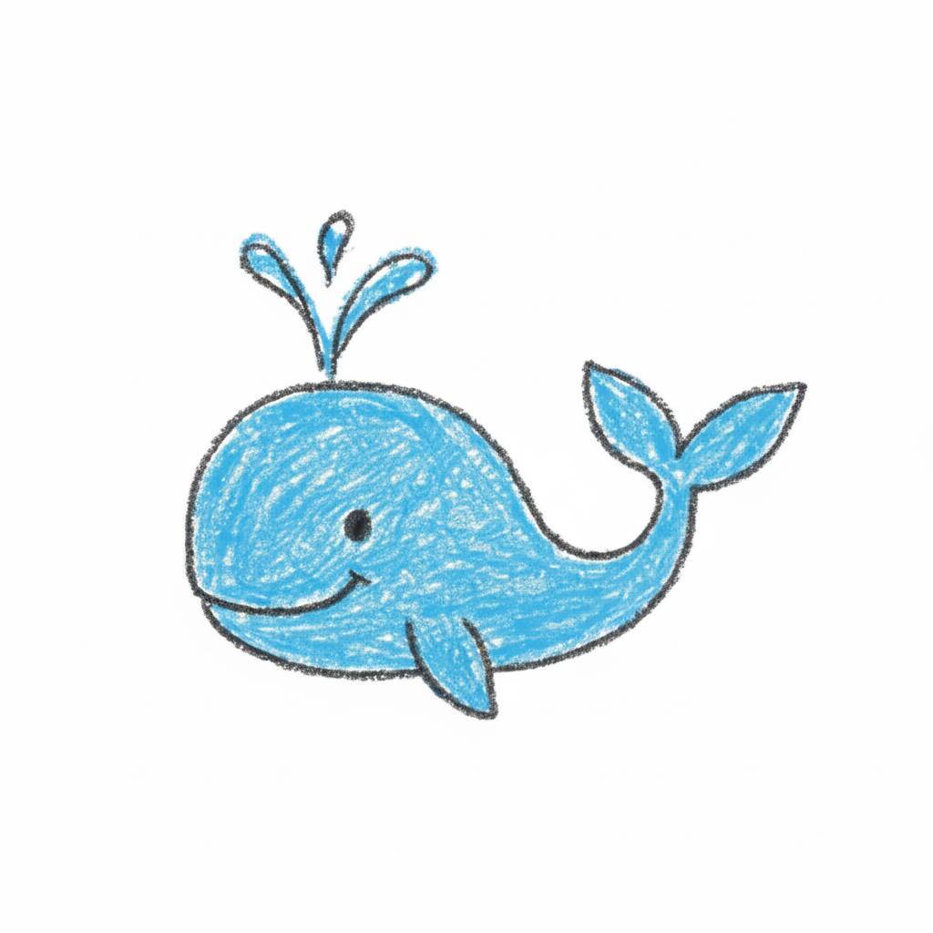 Desenho de uma baleia sorridente com respingos de água