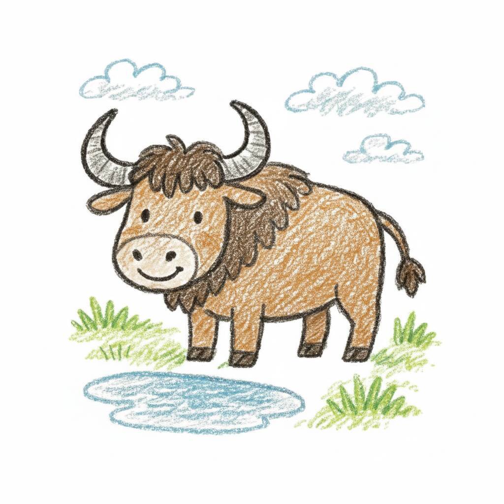 Desenho de um boi fofo ao lado de um lago com nuvens no céu.