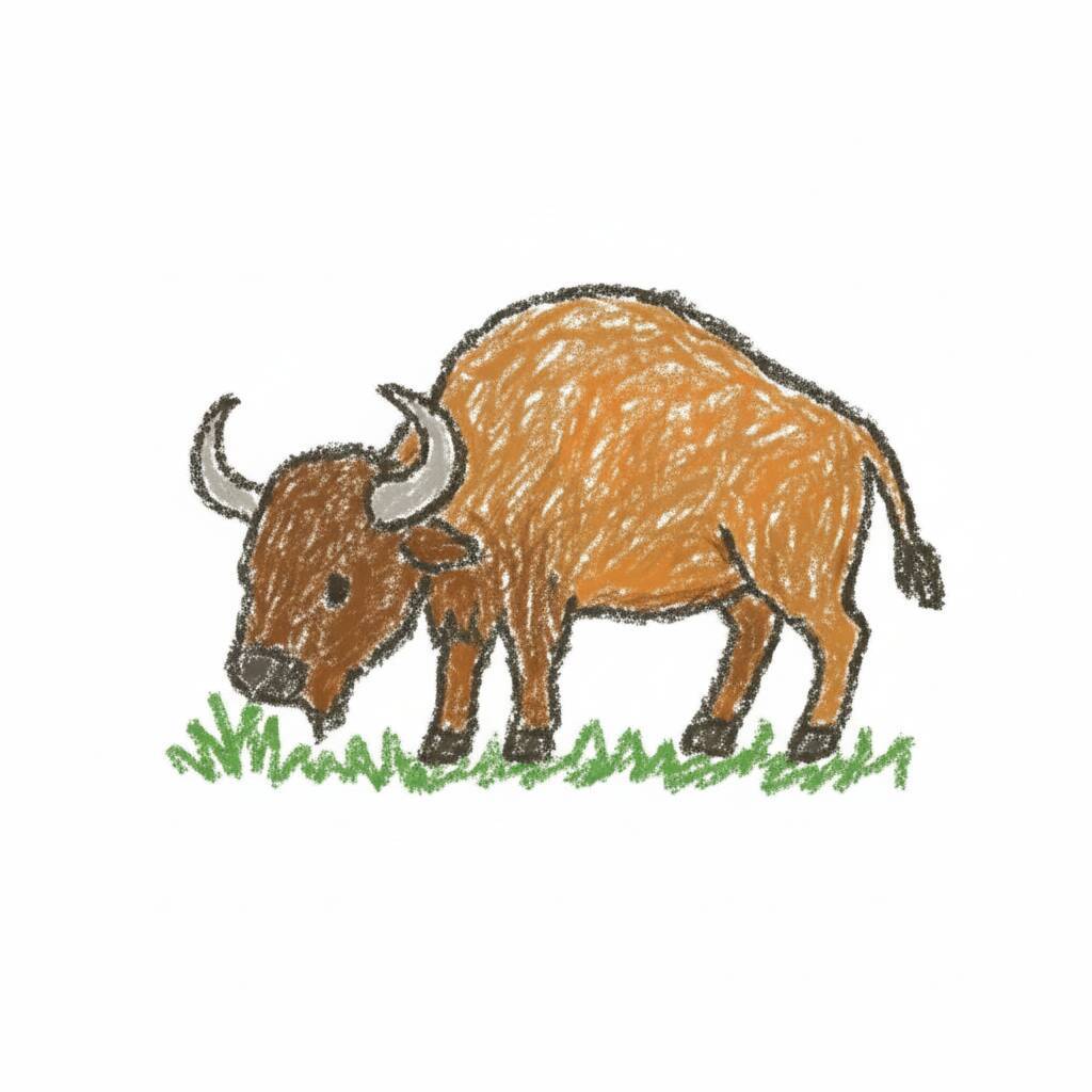 Desenho de um boi fofo pastando em um campo.